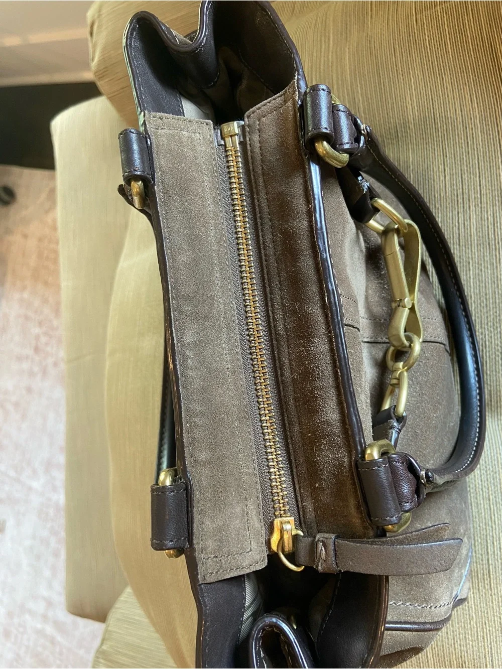 Coach Brown Suede Tote with Dark Brown Leather Trim and Gold Hardware